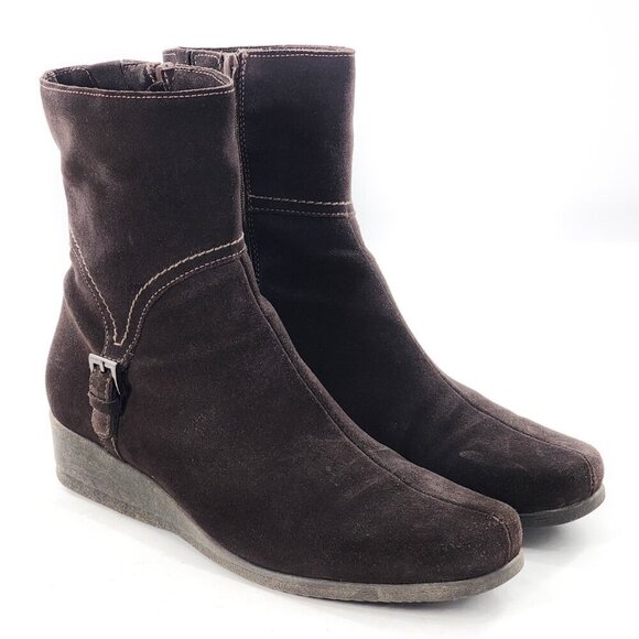 LA CANADIENNE Waterproof Suede Ankle Bootie Square Toe Low Wedge Brown - Picture 4 of 9